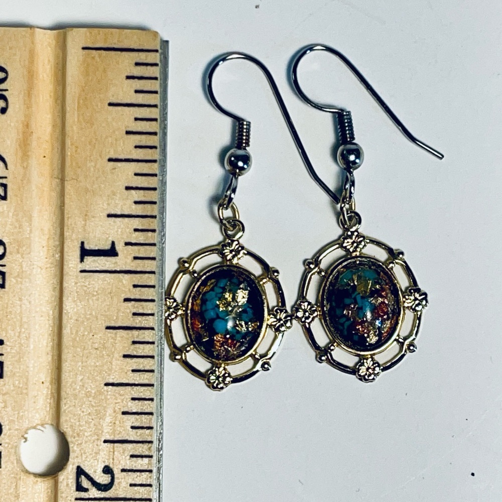 ✨ VTG, Rainbowflake Earrings Pierced Dangles Turquoise Gold Flakes - Picture 13 of 15